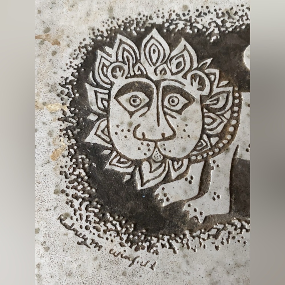 Etched Lion Tile signed Rodney M. Winfield Stone Art